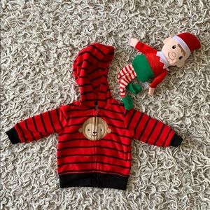 Infant red striped fleece zip up hoodie with 🐒